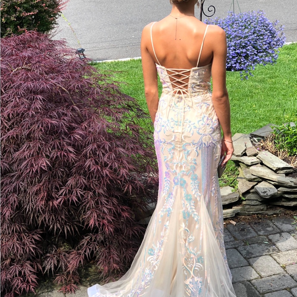 Prom dress worn ONCE.  BEAUTIFUL beige and multi colored accents.